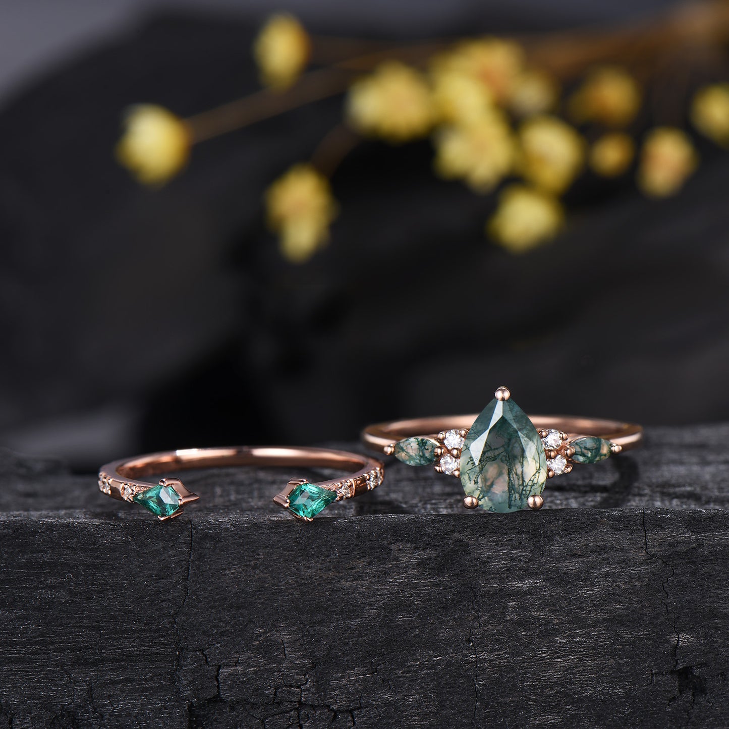Vintage Pear Shaped Natural Moss Agate Engagement Ring Set 14K Rose Gold Marquise Emerald Opal Wedding Bridal Set Unique Anniversary Gift