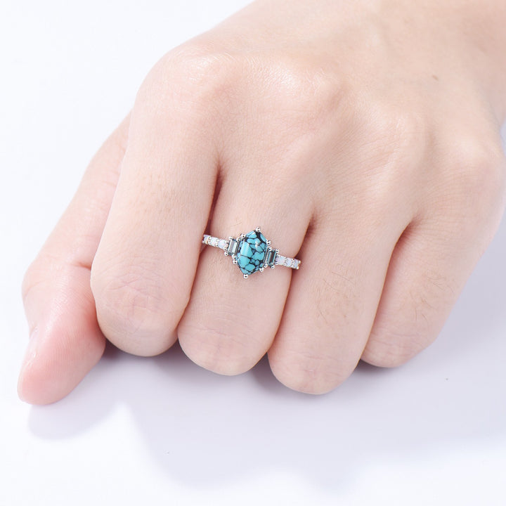 Unique turquoise engagement ring Long hexagon cut turquoise cluster baguette alexandrite opal wedding ring art deco proposal gifts for women - PENFINE