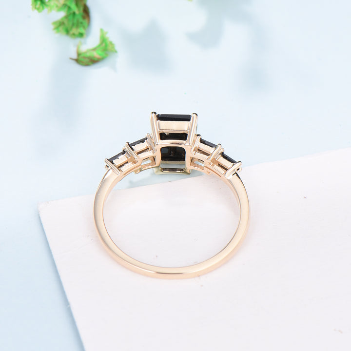 Natural Emerald Cut Black Onyx Engagement Ring Cluster Baguette Rose Gold Black Gemstone Wedding Ring Antique Anniversary Gift For Women - PENFINE