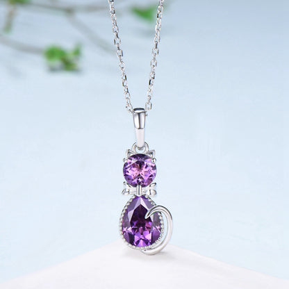 Elegant cat amethyst pendant necklace cute silver 14k white gold Bow round pear shaped amethyst necklace unique Cat's Paw anniversary gift - PENFINE