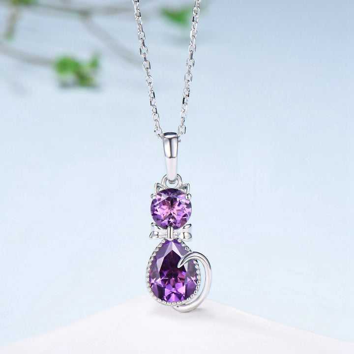 Elegant cat amethyst pendant necklace cute silver 14k white gold Bow round pear shaped amethyst necklace unique Cat's Paw anniversary gift - PENFINE