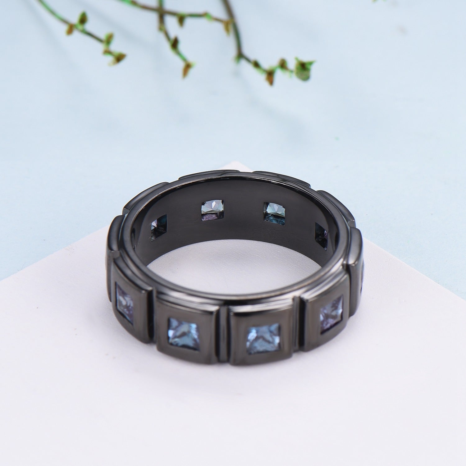 Black Gold Brushed Finish Mens Wedding Band Unisex Frame Princess Cut Alexandrite Men's Wedding Ring Anniversary Stacking Matching Band Gift - PENFINE