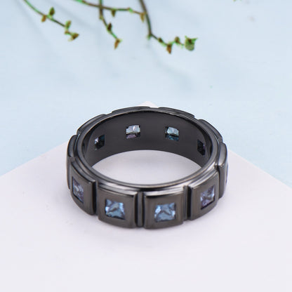 Black Gold Brushed Finish Mens Wedding Band Unisex Frame Princess Cut Alexandrite Men's Wedding Ring Anniversary Stacking Matching Band Gift - PENFINE