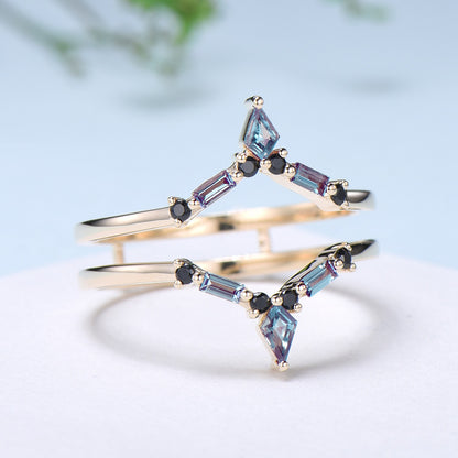 Double V curved kite baguette alexandrite wedding band enhancer wraps solid rose gold vintage black spinel stacking band anniversary gift - PENFINE
