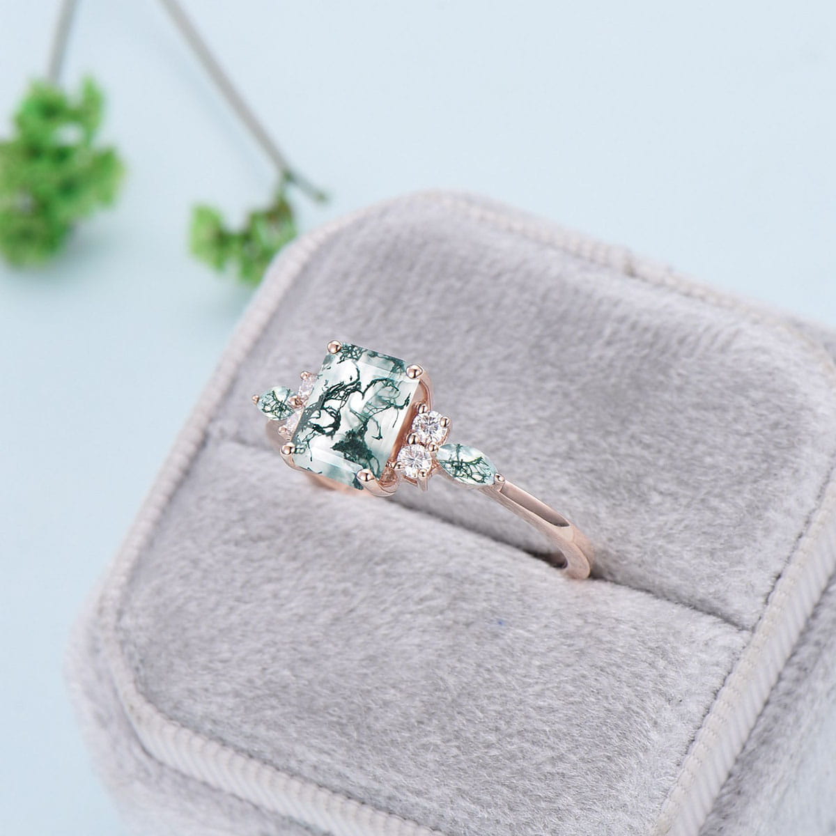 Vintage Emerald Cut Moss Agate Ring Rose Gold Art Deco 7 Stone Cluster Aquatic Agate Engagement Ring Marquise Moss Moissanite Wedding Ring - PENFINE