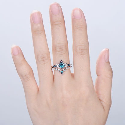 Crescent Moon kite cut alexandrite engagement ring set silver white gold art deco marquise color change birthstone ring 2pcs star bridal set - PENFINE