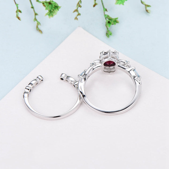 Crescent Moon Ruby Engagement Ring Set Unique Nature Inspired Swiss Topaz Wedding Ring Open Gap Black Spinel Stacking Bridal Ring Set Women - PENFINE