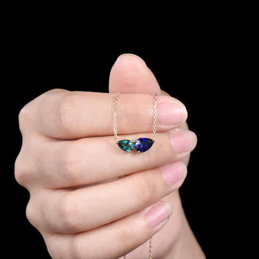 Teardrop Sapphire Emerald Yellow Gold Necklace, Toi et Moi Pendant