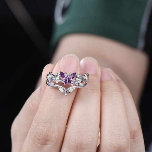 Nature inspired amethyst engagement ring set Twig leaf vine butterfly wedding set rose gold opal moissanite stacking bridal ring set women