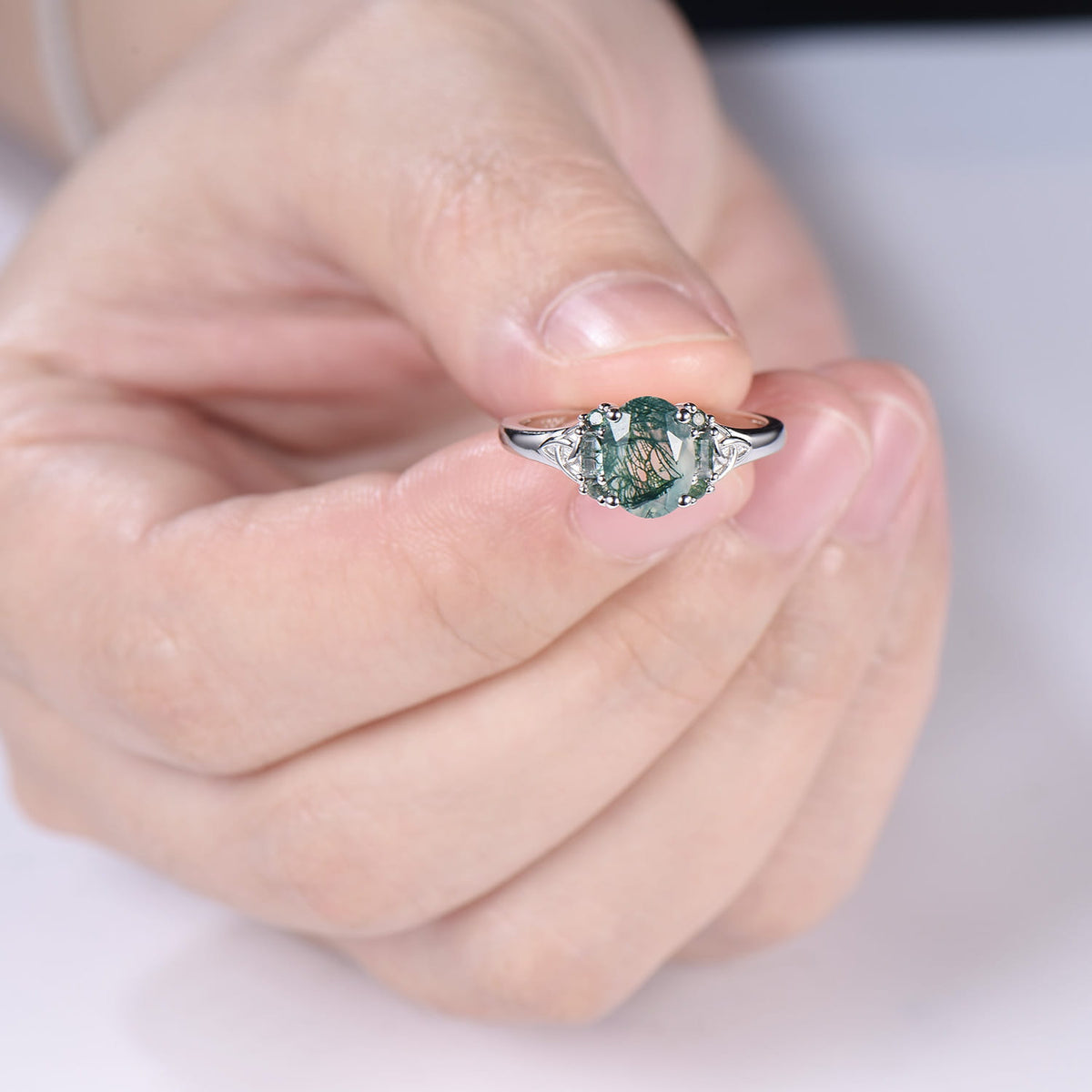 Unique Celtic Knot Oval Cut Natural Moss Agate Engagement Ring Unique Norse Viking Cluster Baguette Amethyst Wedding Ring Anniversary gifts