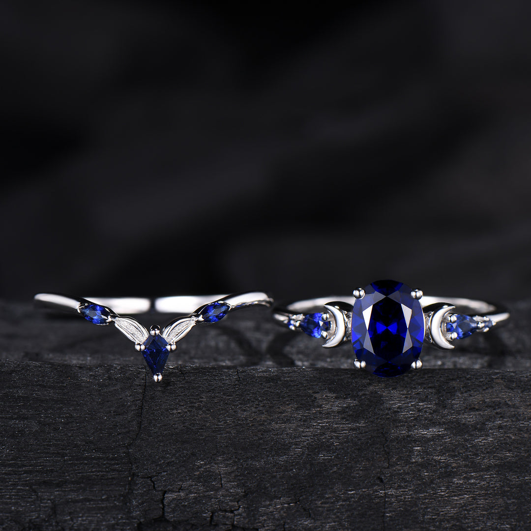 1.5 Carat oval blue sapphire engagement ring set vintage five stone moon engagement ring Elegant white gold pear sapphire wedding ring set - PENFINE