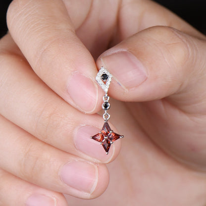 Kite Cut Natural Garnet Drop Earrings with Black Spinel & Moissanite Diamond - PENFINE
