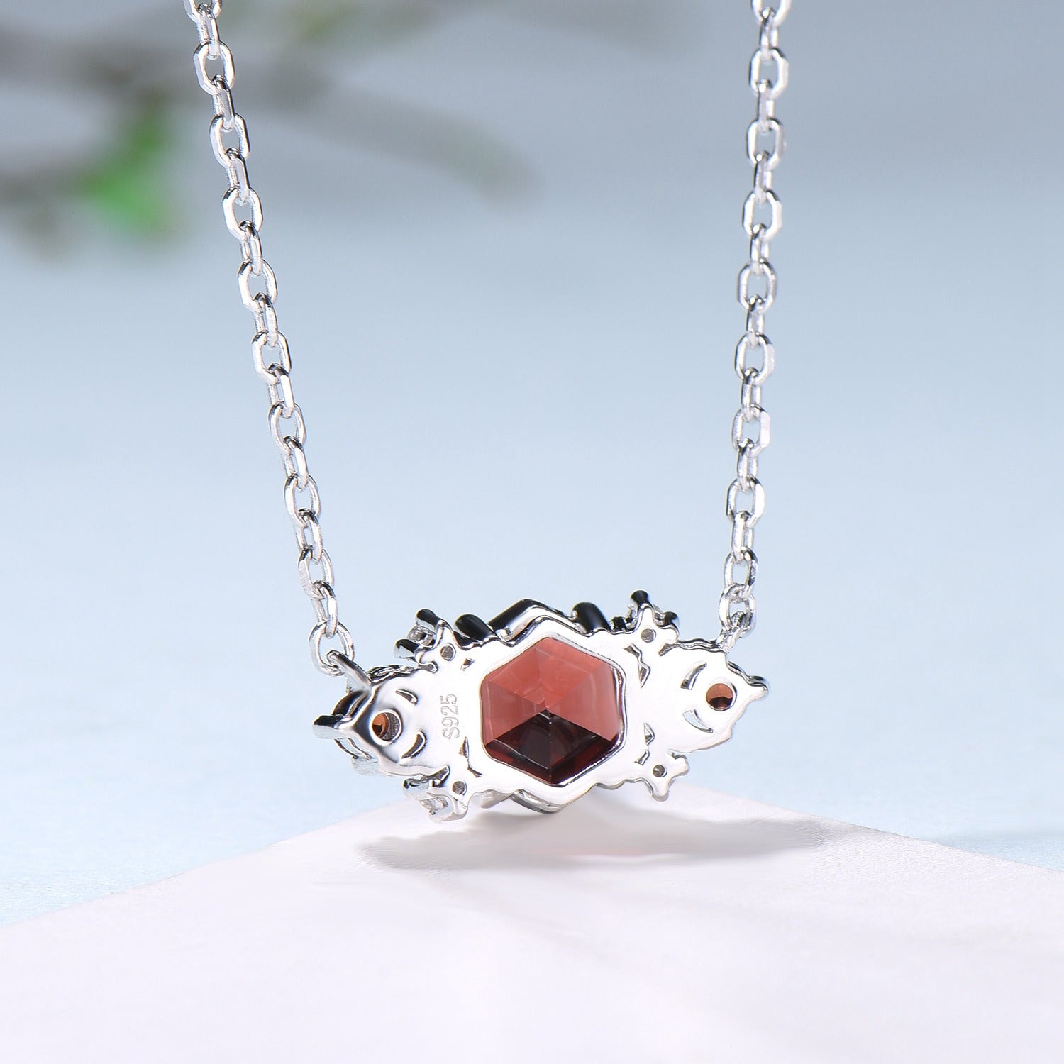 Vintage hexagon garnet pendant necklace cluster moissanite moon pendant necklace 14k/18k rose gold garnet necklace promise gift for women - PENFINE