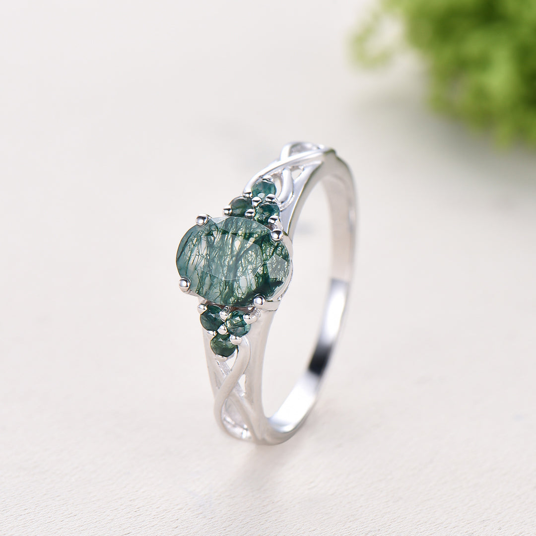 Celtic Knot Oval Natural Moss Agate Engagement Ring Solid 14K/18K White Gold Unique Infinity Ring Cluster Wedding Ring Anniversary gifts