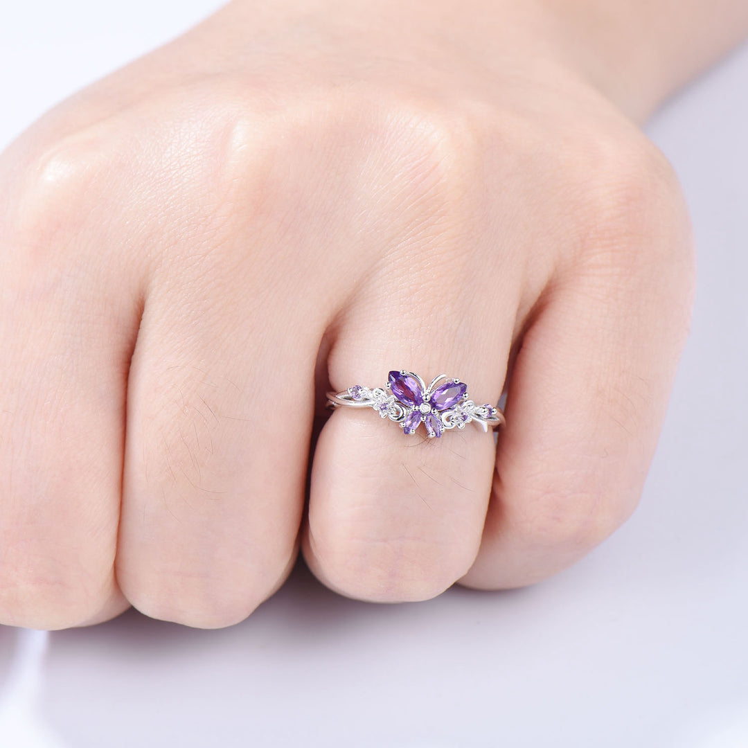 Vintage Butterfly Amethyst Engagement Ring Unique marquise cut purple amethyst silver white gold flower promise ring anniversary gift women - PENFINE