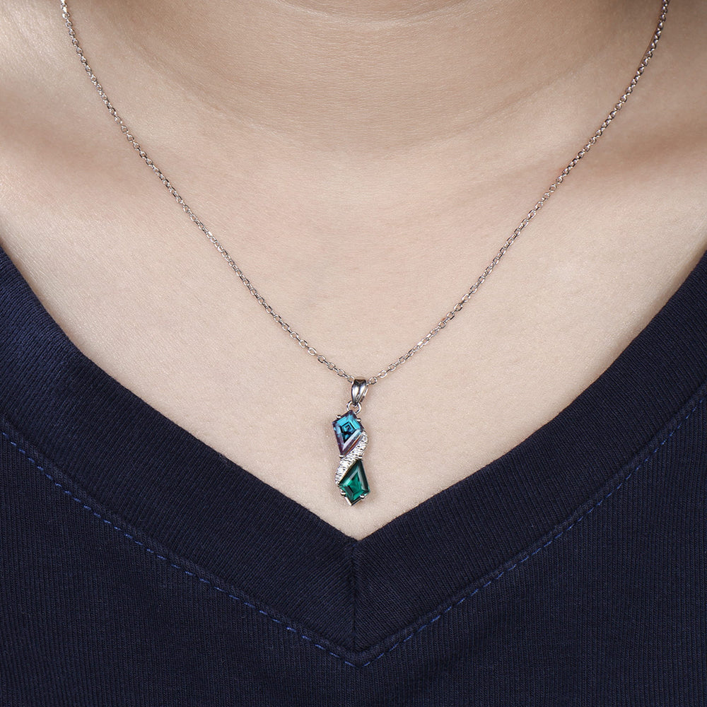 Two-Tone Kite Cut Alexandrite and Emerald Necklace Pendant | White Gold Moissanite Accent Snake Necklace - PENFINE