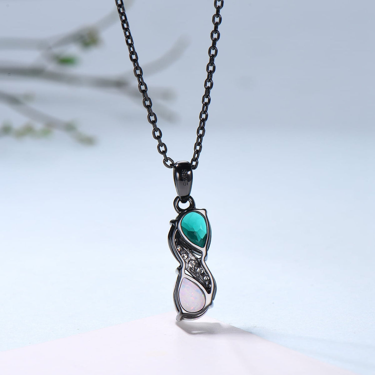 5x7mm Teardrop Emerald & White Opal Infinity Pendant Necklace Black Gold