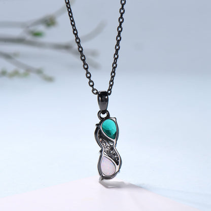 5x7mm Teardrop Emerald & White Opal Infinity Pendant Necklace Black Gold