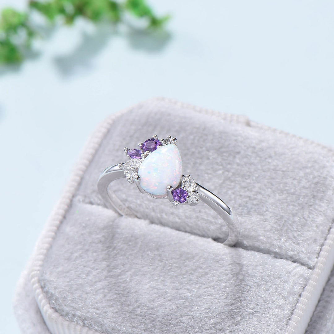 Unique fire opal engagement ring Vintage Teardrop white opal bridal ring silver alternative cluster amethyst wedding ring anniversary gift - PENFINE