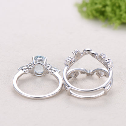 Vintage Oval Aquamarine Engagement Ring Set Leaf Bine Aquamarine Wedding Ring March Birthstone Double Curved Moon Opal Twig Bridal Set women