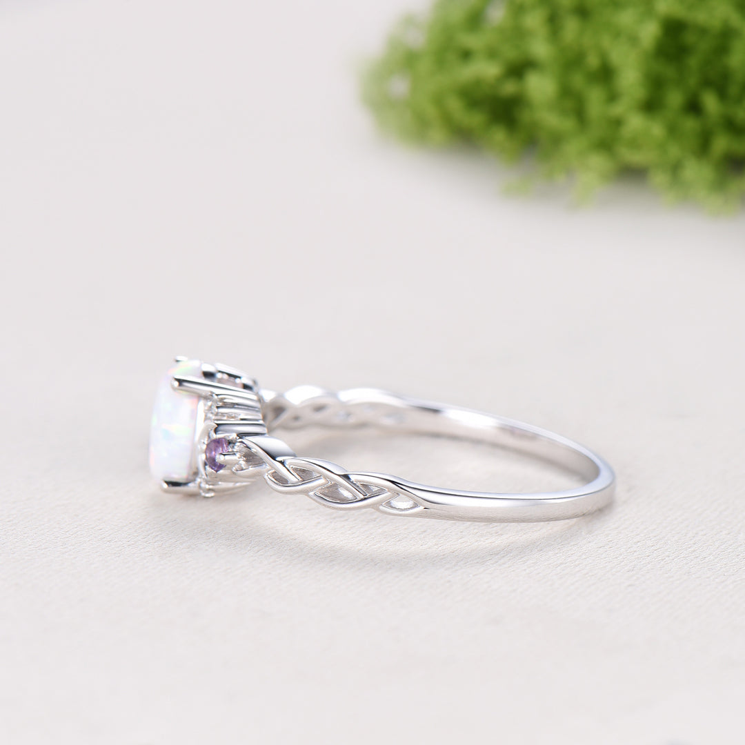 Norse Viking Opal Ring 1.5 Carat Oval Opal Moon Engagement Ring Cluster Amethyst Moissanite Wedding Band Alternative October Birthstone Gift