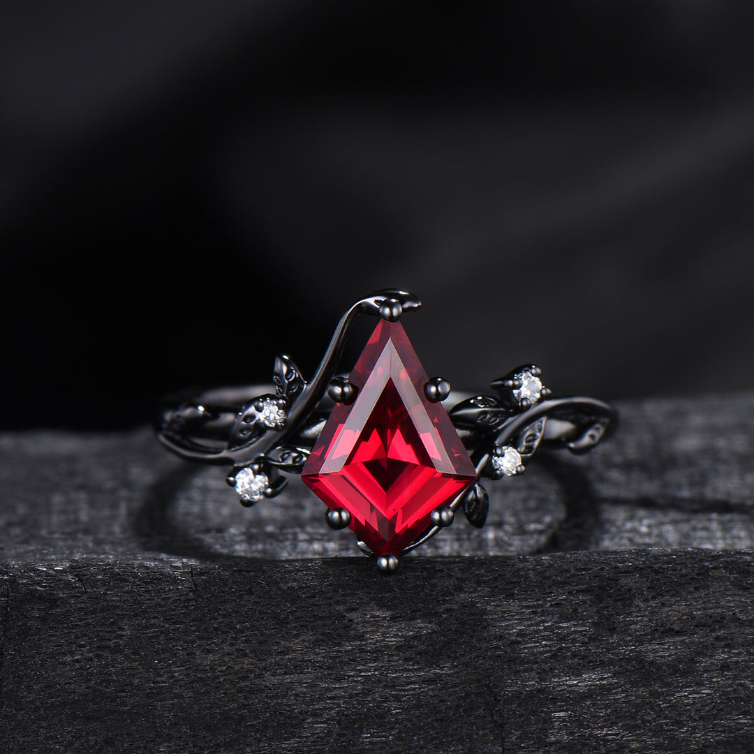 Unique gothic kite cut ruby engagement ring set black gold cluster engagement ring leaf branch nature inspired marquise ruby wedding set