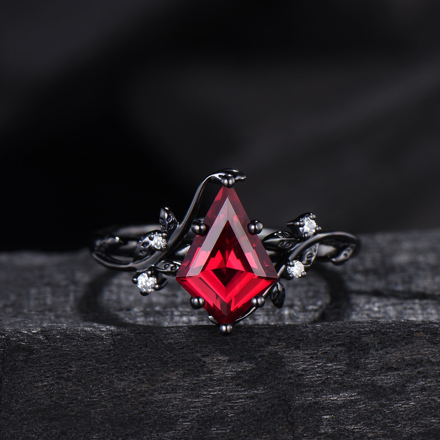 Unique gothic kite cut ruby engagement ring set black gold cluster engagement ring leaf branch nature inspired marquise ruby wedding set