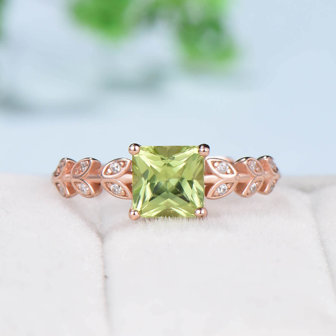 Princess cut peridot engagement ring leaf peridot and diamond wedding ring for women unique vintage style moissanite ring for women jewelry - PENFINE