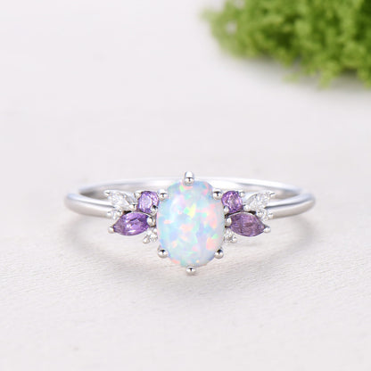 Unique White Opal Engagement Ring Set Alternative Cluster Amethyst Fire Opal Wedding Ring Vintage  Bee Opal Amethyst Bridal Set For Women