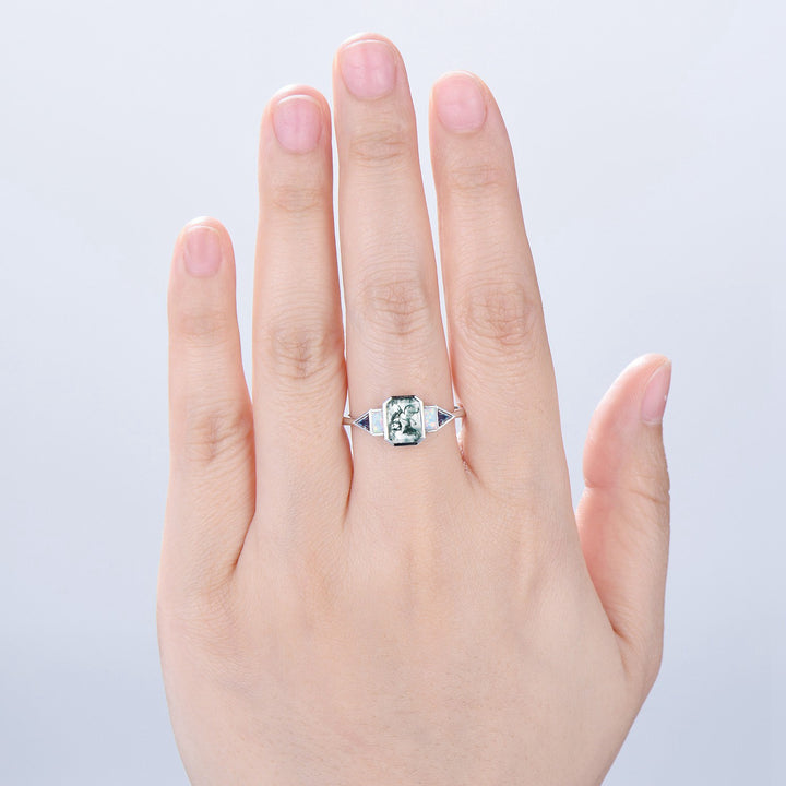 Bezel Set Emerald Cut Moss Agate Engagement Ring Five Stone Baguette Opal & Trillian Alexandrite Wedding Anniversary Ring - PENFINE