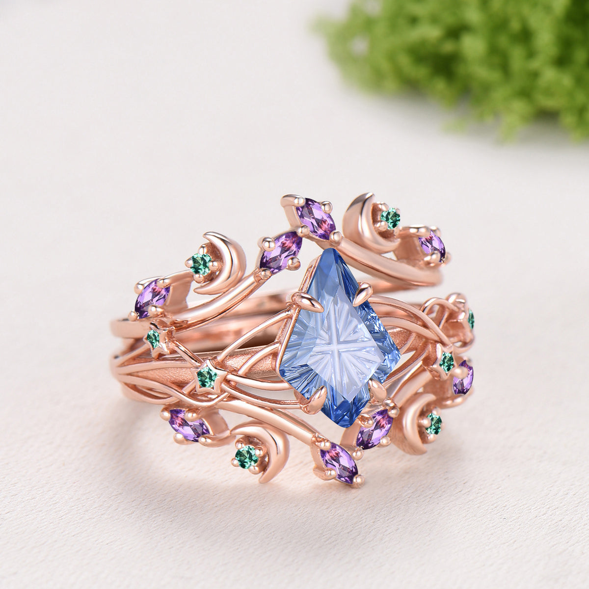 Kite Shaped Fantasy Cut Cornflower Blue Sapphire Twisted Ring Set Amethyst Emerald Enhancer Band