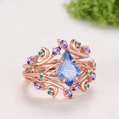 Kite Shaped Fantasy Cut Cornflower Blue Sapphire Twisted Ring Set Amethyst Emerald Enhancer Band