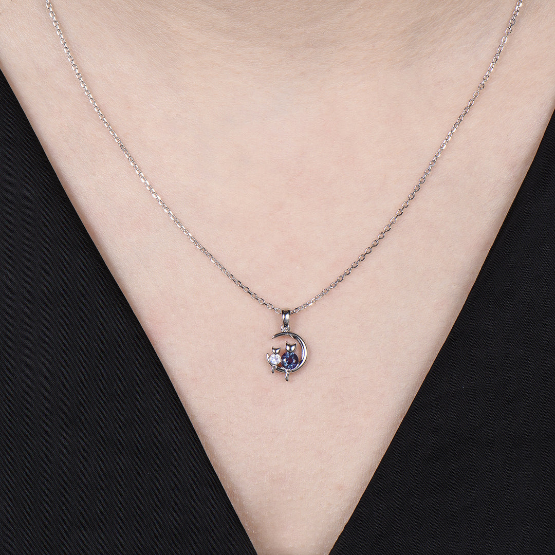 Dainty cat alexandrite moonstone necklace cute silver white gold moon family pendant personalized Two cats lying on the moon rocking chair - PENFINE