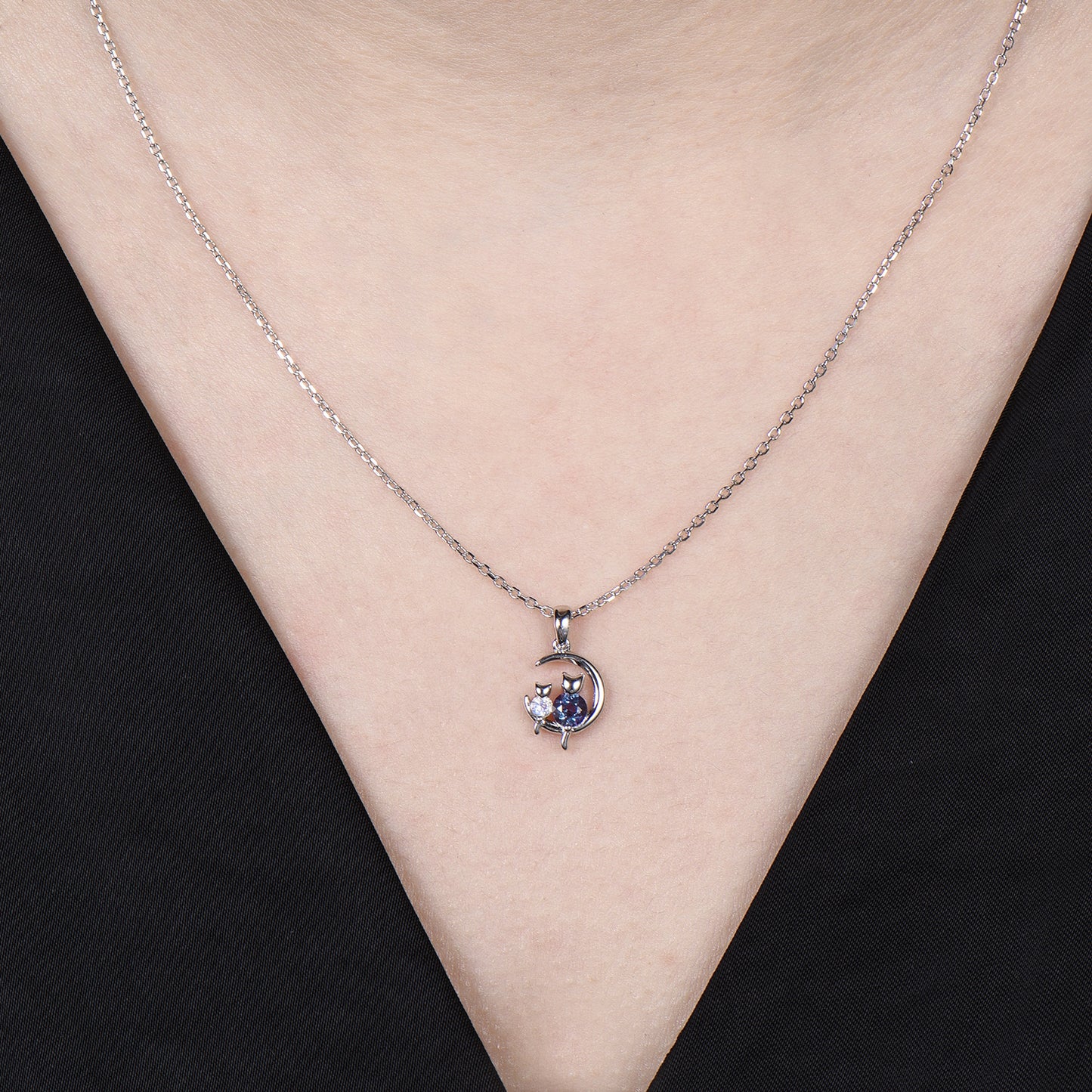 Dainty cat alexandrite moonstone necklace cute silver white gold moon family pendant personalized Two cats lying on the moon rocking chair - PENFINE
