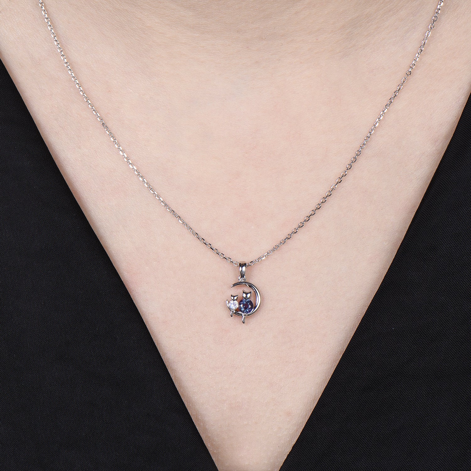 Dainty cat alexandrite moonstone necklace cute silver white gold moon family pendant personalized Two cats lying on the moon rocking chair - PENFINE