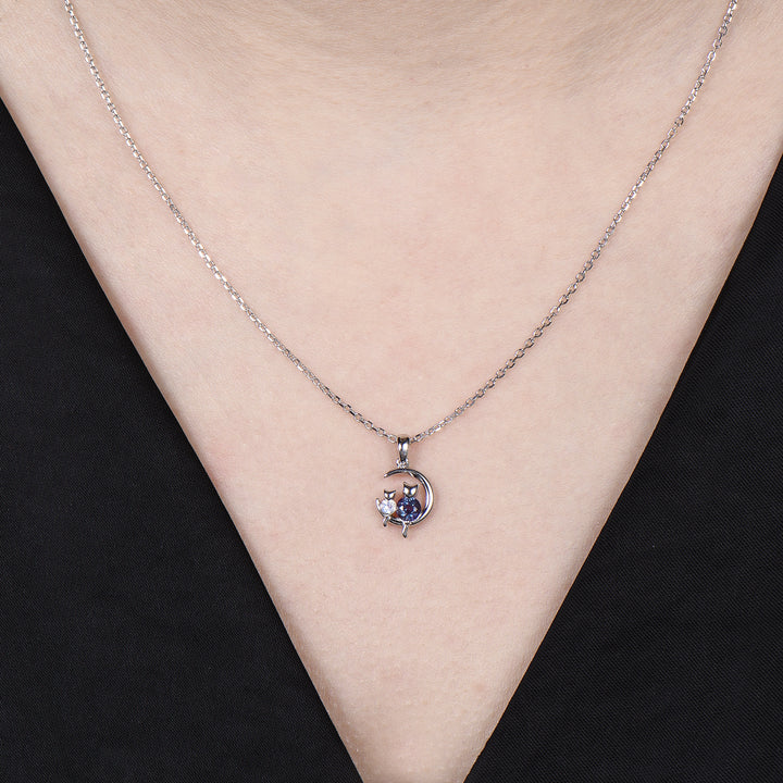 Dainty cat alexandrite moonstone necklace cute silver white gold moon family pendant personalized Two cats lying on the moon rocking chair - PENFINE