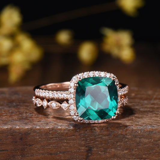 3ct Cushion Emerald Wedding Ring Set, May Birthstone Engagement Ring,Rose Gold Halo Diamond Bridal Set, Art Deco Full Eternity Milgrain Band