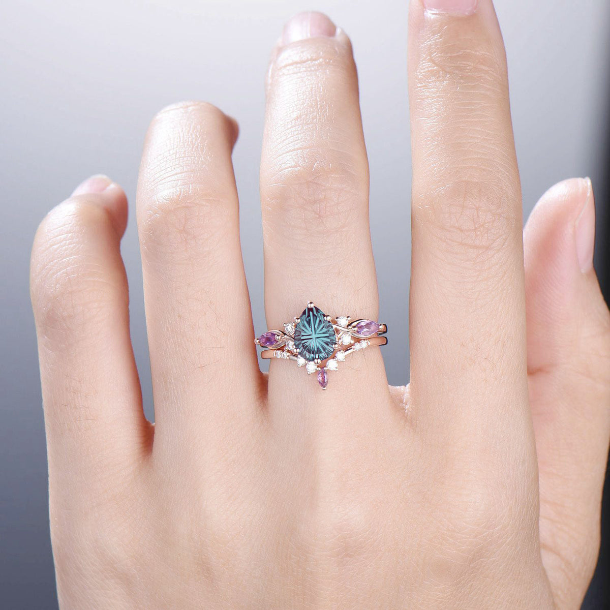 Pear Shaped Fantasy Cut Color-change Alexandrite Wedding Ring Amethyst Diamond Bridal Set