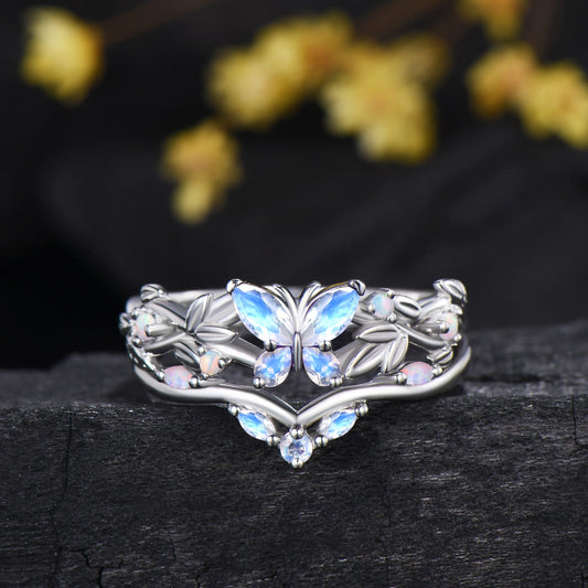 Natural Moonstone Butterfly Bridal Set White Opal Accent Leaf Engagement Ring