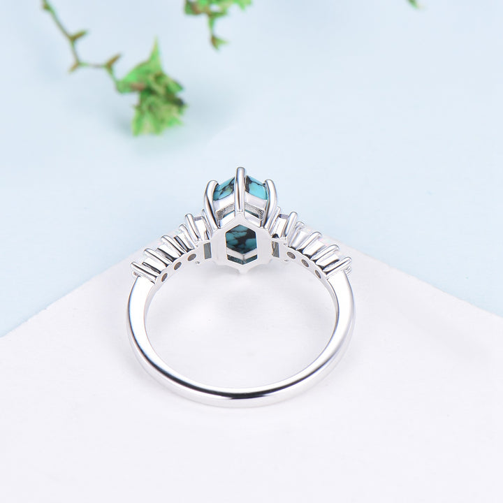 Unique turquoise engagement ring Long hexagon cut turquoise cluster baguette alexandrite opal wedding ring art deco proposal gifts for women - PENFINE