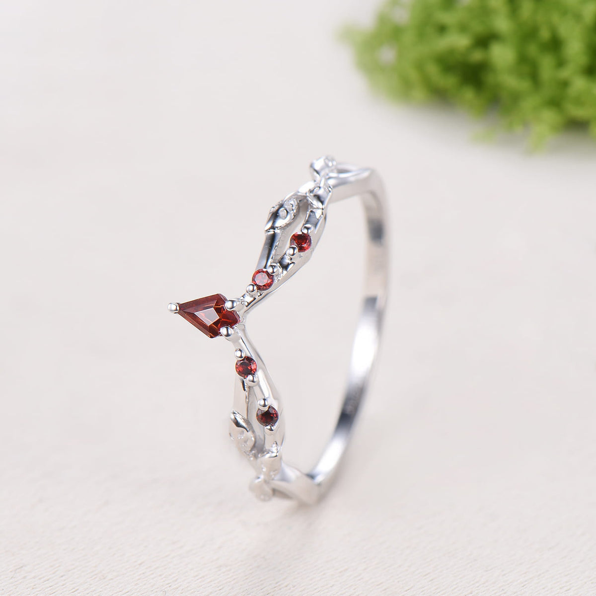 Vintage Curved Garnet Wedding Band Split Shank Promise Ring Leaf Vine January Birthstone Stackable Matching Band Evil Eye Wedding Ring Women