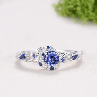 Round Cut Natural Tanzanite Moon Engagement Ring Sapphire Moissanite Halo Ring