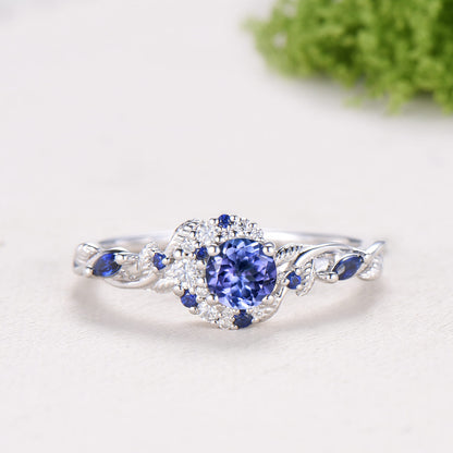Round Cut Natural Tanzanite Moon Engagement Ring Sapphire Moissanite Halo Ring