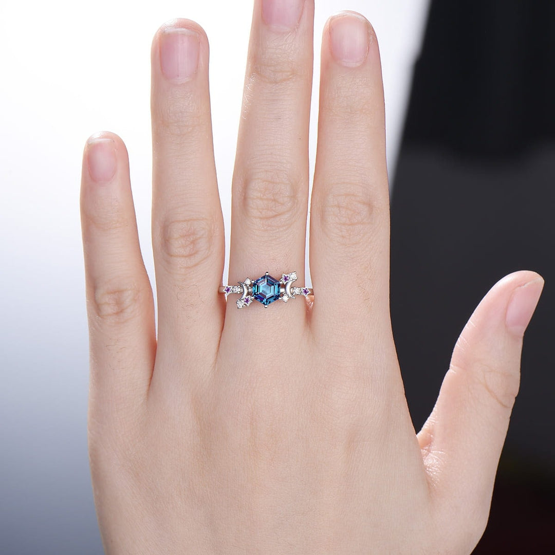Vintage alexandrite engagement ring crescent moon hexagon cut color change  promise ring Unique cluster star amethyst anniversary ring Women - PENFINE