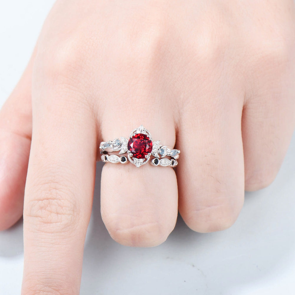 Crescent Moon Ruby Engagement Ring Set Unique Nature Inspired Swiss Topaz Wedding Ring Open Gap Black Spinel Stacking Bridal Ring Set Women - PENFINE