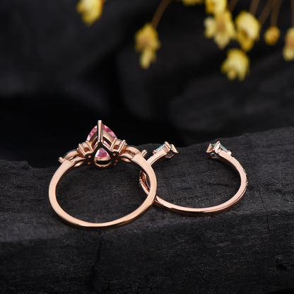 1.25 CT Pear Shaped Padparadscha Sapphire Engagement Ring Set, Cluster Kite & Marquise Moss Agate