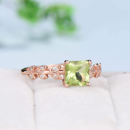 Princess cut peridot engagement ring leaf peridot and diamond wedding ring for women unique vintage style moissanite ring for women jewelry - PENFINE