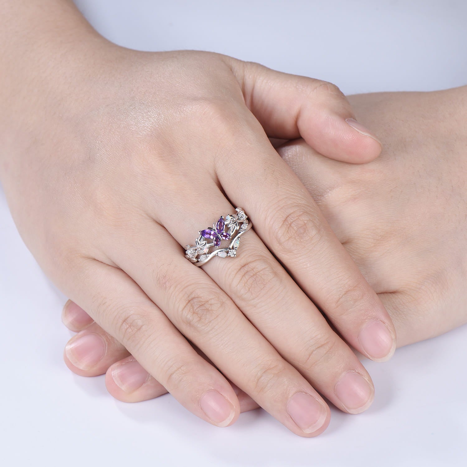 Nature inspired amethyst engagement ring set Twig leaf vine butterfly wedding set rose gold opal moissanite stacking bridal ring set women