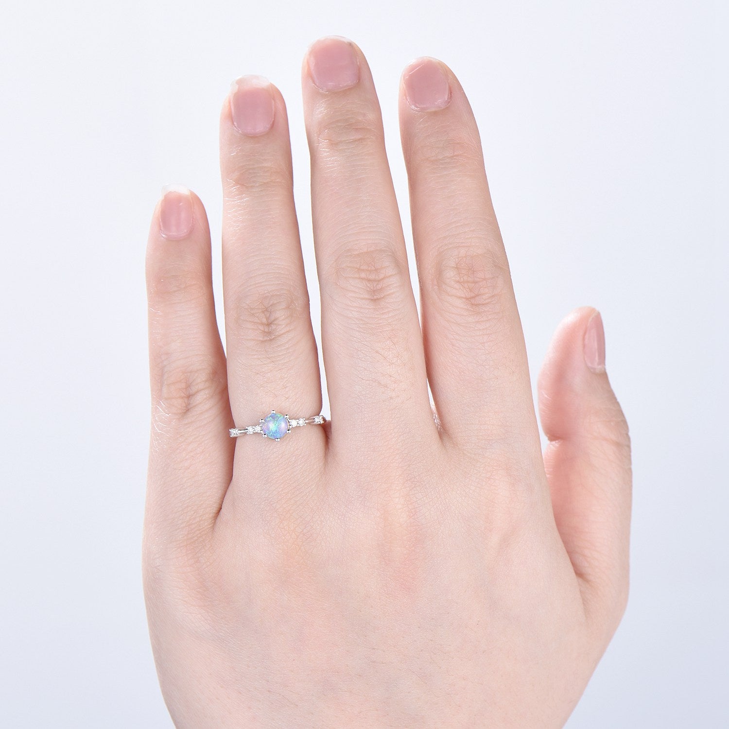 Dainty Natural Fire Opal Ring Natural Inspired White Opal Diamond Engagement Ring White Gold Minimalist Bridal Anniversary Ring for Women - PENFINE