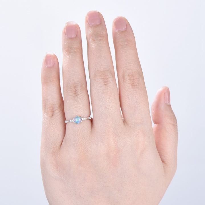 Dainty Natural Fire Opal Ring Natural Inspired White Opal Diamond Engagement Ring White Gold Minimalist Bridal Anniversary Ring for Women - PENFINE
